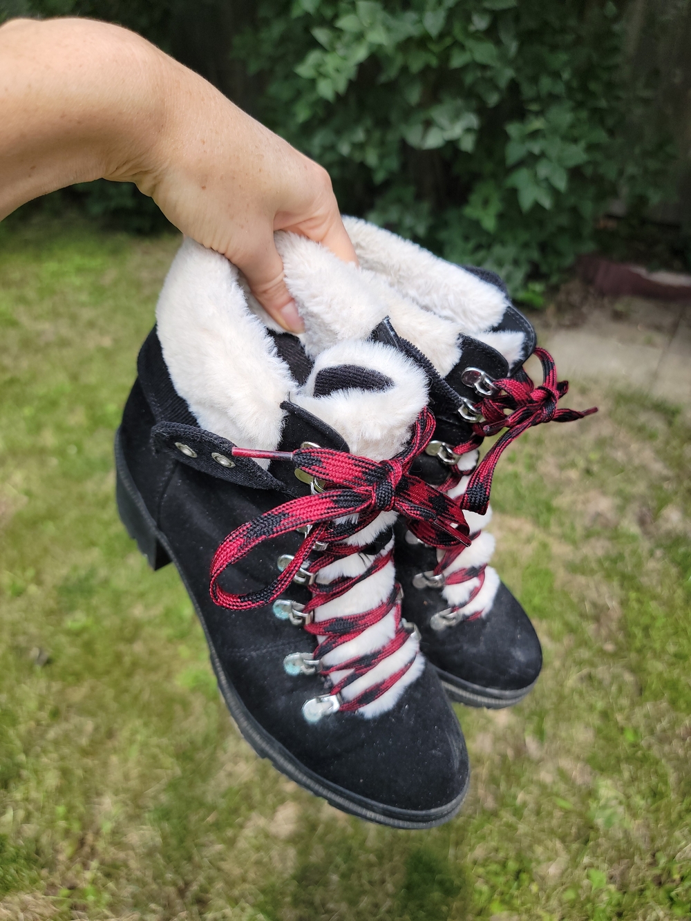 Women’s Black Faux-Suede Winter Hiker Boots with Red Plaid Laces